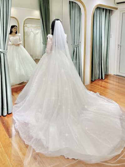 Váy cưới tay dài đính kết hoa vai phồng lấp lánh xòe lớn (PDPL-BL26)